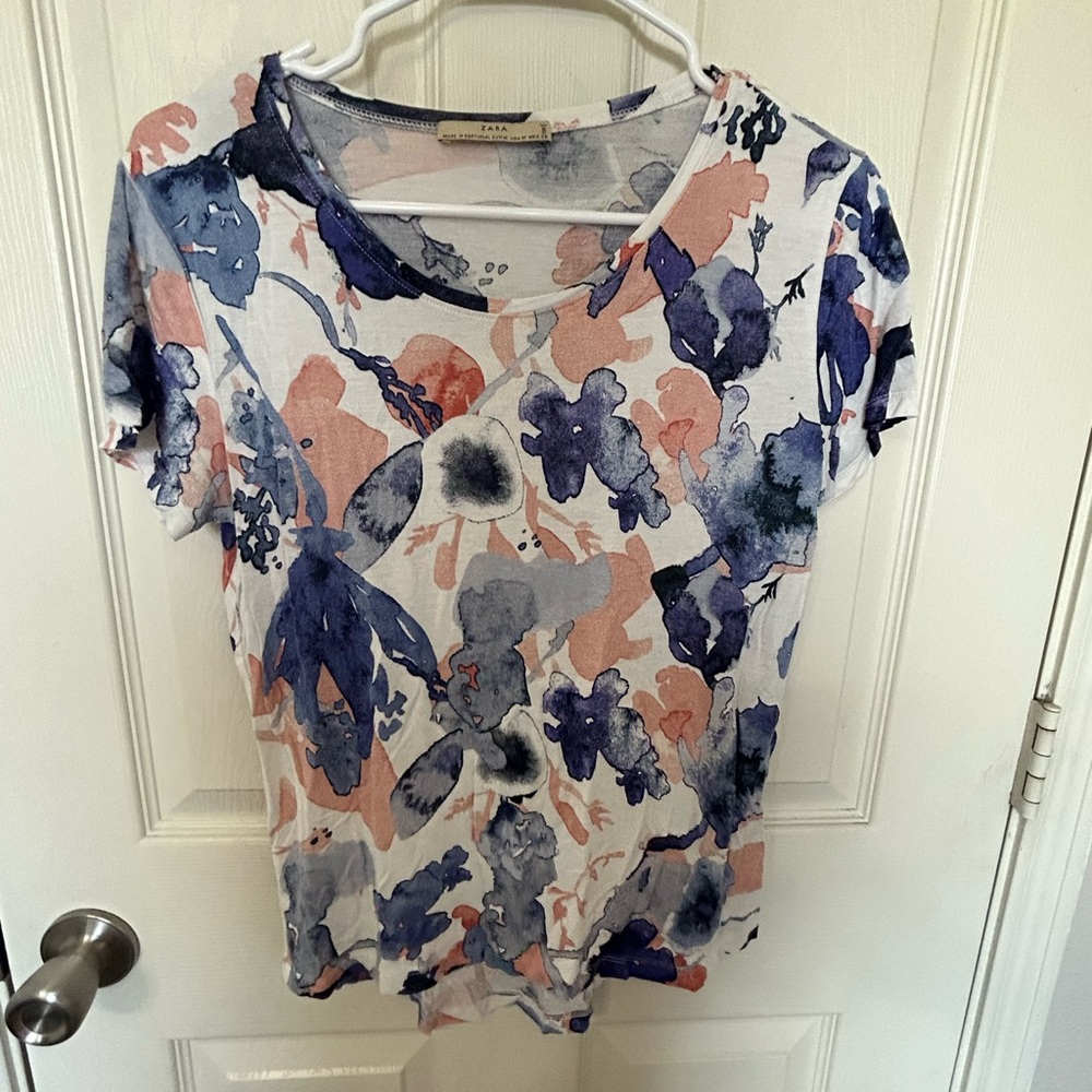 Zara Women's Abstract Floral Tee - Blue and Pink